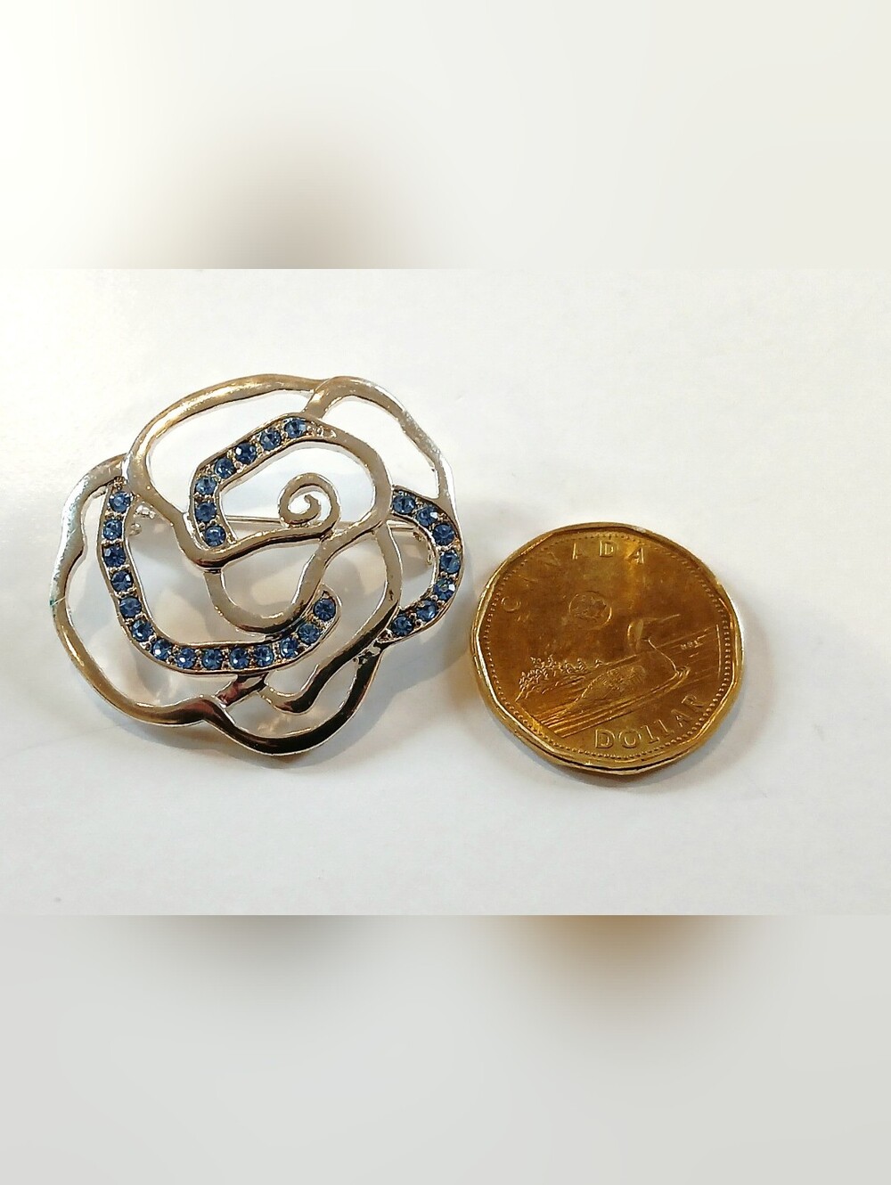 Elegant Floral Silvertone Brooch with Blue Crystal Accents - Picture 3 of 4